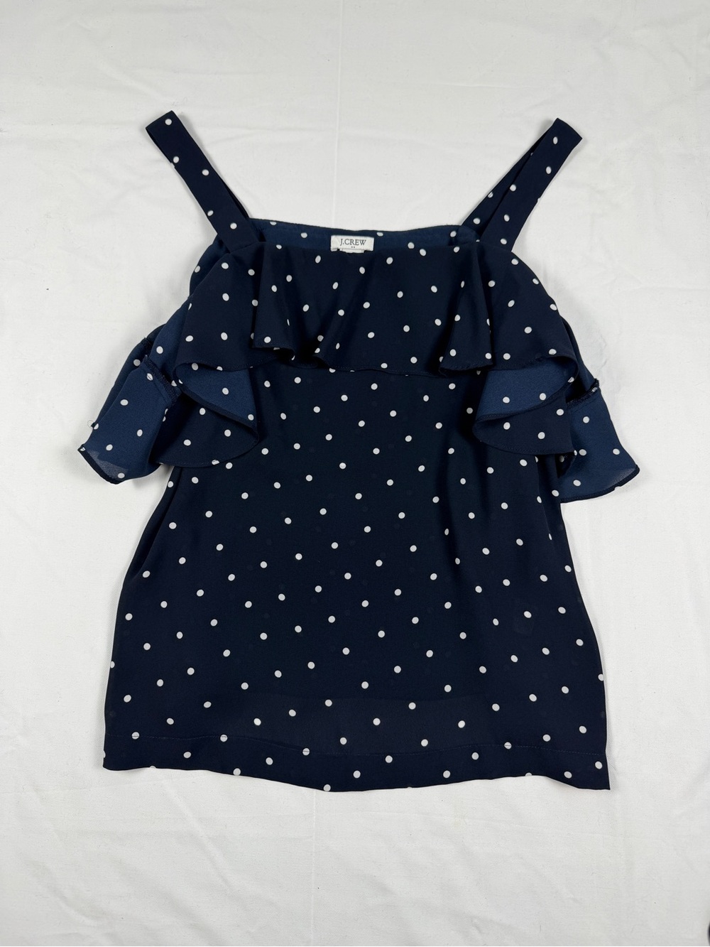 J.Crew Navy Polka Dot Ruffle Cold Shoulder Top Size 2